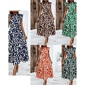 economico Abiti Floreali Stampati-Per donna Abito Midi Abito Floreale Abito Stampato Moda Moderno All'aperto Vacanza Uscire Vestibilità comoda Floreale Senza Maniche Collo alla coreana Arancione Marrone Verde Blu scuro Estate