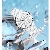 billiga Kvartsklockor-Den nya Olevs mors dags present för damens mode och högklassig klocka med lysande visare och digital visning vit keramik koreansk version student kvartsur avslappnad vattentålig armbandsur