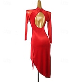 preiswerte Turnierkleid-Rotes Samtkleid für lateinamerikanische Tänze – langärmeliges Bühnenkleid mit Stehkragen aus Netzgewebe und asymmetrischem Fransensaum