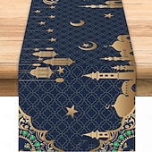 cheap Table Runners-Ramadan Eid Table Runner, Moon &amp; Gold Design, Heat-Resistant Dining Table Cloth, Kitchen and Entryway Decor, Elegant Home Accent for Holiday and Daily Use