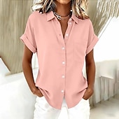 お買い得  無地のブラウス-女性用 シャツ ブラウス ポケット ボタン 平織り ヴィンテージ スタイリッシュ 半袖 シャツカラー レギュラートップス 日常 祝日 お出かけ ブラック ホワイト ピンク オレンジ グレー 夏 春