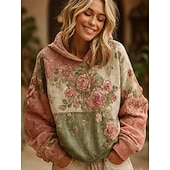  Kvinners 3D-print Vintage Boho hettegenser Patchwork hettegenser Sweatshirt Floral Pullover Sweatshirt Casual Hettegense Gateliv Hverdagslig Patchwork Print Frontlomme Rosa Lilla Grønn Vår Høst Vinter
