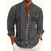 cheap Vintage Shirt-Men's Geometric Pattern Guitar Musical Instrument Shirt Stand Collar Shirt Long Sleeve Vintage Retro Casual Vacation Spring Fall Mandarin Collar Band Collar Button-Down Linen Like Shirt Blue Orange