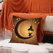 baratos Jogue travesseiros, inserções e capas-Capa de almofada decorativa para o Ramadã e Eid, lua crescente dourada &amp;Almofada de sofá em estilo étnico com estampa de lanternas, decoração para festivais do Oriente Médio, ideal para sala de estar