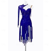 cheap Competition Dress-Women's Royal Blue Rhinestone Fringe Latin Dance Dress - One Long Sleeve Asymmetrical Ballroom Performance Costume