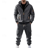 baratos Basic Tracksuits-Men's Hoodie Tracksuit Hoodie &amp; Pants Set Hoodie Daily Outdoor Vacation Daily Wear Drawstring Zip Up Plain Black Navy Blue Khaki Activewear Sports Fashion Fall