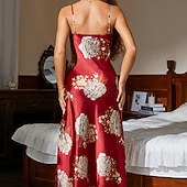 halpa Naisten haalarit-Naisten Yöpaita Vapaa-aika Pehmeä Satiini Kukka Avoin selkä Päivittäin Koti Sänky Hihaton hihnat Sininen Musta Rubiini Apila Kesä Loose Fit