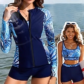 economico Tankini-Costume da bagno a tre pezzi Bikini da donna zip front Palma Shorts Controllo Pancia Vita Alta Slim Schiena Nuda Vacanza Mare Abbigliamento Floreale Collo Rotondo Maniche Lunghe