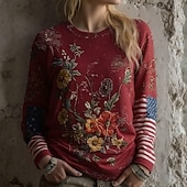 お買い得  独立記念日トップ-独立記念日愛国的な女性用Tシャツ グラフィック フラッグ ビンテージ スタイリッシュ クラシック 長袖 クルーネック レギュラー トップス 日常着 週末プリント 赤 夏 春 秋 冬