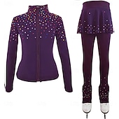 preiswerte Eiskunstlauf Trainingsoutfit-Eiskunstlaufjacke mit Hose, Damen- und Mädchen-Eiskunstlaufbekleidung, blau, dehnbar, Trainings- und Wettkampfbekleidung, wärmend, mit Kristall-/Strasssteinen, langärmlig, Eiskunstlauf