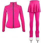 preiswerte Eiskunstlauf Trainingsoutfit-Eiskunstlaufjacke mit Hose, Damen- und Mädchen-Eiskunstlaufbekleidung, blau, dehnbar, Trainings- und Wettkampfbekleidung, wärmend, mit Kristall-/Strasssteinen, langärmlig, Eiskunstlauf