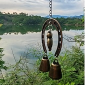cheap Wall Sculptures-A Lucky Horseshoe Owl Wind Chime, Outdoor Iron Art Love Wind Chime, Vintage Horseshoe Design, Valentine's Day Iron Nail Wind Chime Home Decoration for Good Luck in Love, Perfect Garden Ornament