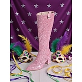 tanie Buty damskie-Kobiece różowe buty na kolano z brokatem i szerokimi obcasami – Iskrzące odważne oświadczenie mody idealne na karnawał festiwale i imprezy kostiumowe