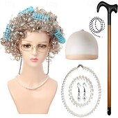 abordables Pelucas de fiesta-Peluca de anciana con rulos, collar de perlas, pendientes y bastón para mujeres y niñas, disfraz de abuela para cosplay de 100 días de escuela, accesorio para fiesta de Halloween