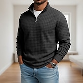Недорогие Вафельная трикотажная футболка-Муж. Вафельный тройник Футболка Футболка с четвертью молнией Длинный рукав Воротник-стойка Осень Зима Весна &amp; осень Сплошной цвет Клетчатый Вязаная одежда Повседневные На каждый день Застегнуться