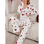 preiswerte Valentinstag Schlaf &amp; Lounge-Damen Schlafanzug Set Lässig Komfort Herz Elastischer Bund Hose Täglich Heim Langarm Quadrathals Blau Schwarz Rosa Rote Purpur Sommer Frühling Normale Passform
