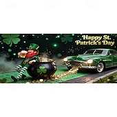 cheap Holiday Tapestries-St Patrick's Day Garage Door Cover, Green Four-Leaf Clover &amp; Gold Coin Design, Festive Holiday Wall Banner, St. Patrick's Day Party Decoration for Garage or Home.