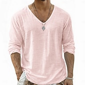 Недорогие Хлопковые Льняные Футболки-Муж. Футболка Футболка из льна Длинный рукав V-образный вырез Лето Весна Весна лето Сплошной цвет Полотняное плетение Повседневные На каждый день Уличный стиль Гладкая ткань