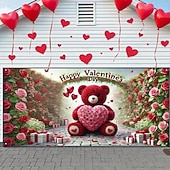 billige Garasjeportdeksler-Garasjeportdeksel til valentinsdag, 2D-flattrykk av rød bjørn som holder roser og hjerte, rosevegg, hvit gaveeske med rødt bånd, perfekt juledekor til garasje, butikklokale eller hjem