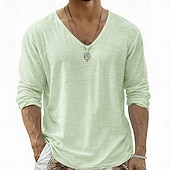 Недорогие Хлопковые Льняные Футболки-Муж. Футболка Футболка из льна Длинный рукав V-образный вырез Лето Весна Весна лето Сплошной цвет Полотняное плетение Повседневные На каждый день Уличный стиль Гладкая ткань
