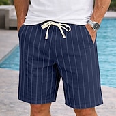cheap Holiday-Men's Shorts Linen Shorts Summer Shorts Beach Shorts Drawstring Elastic Waist Striped Comfort Breathable Knee Length Daily Outdoor Holiday Vacation Fashion Black White Inelastic
