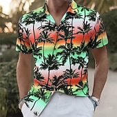 Недорогие Tropical Plants-Men's Coconut Tree Gradient Color Tropical Plants Summer Hawaiian Shirt Button Up Shirt Aloha Shirt Short Sleeve Hawaiian Vacation Beach Wear Summer Spring Turndown 3D Print Collared Shirts Blue