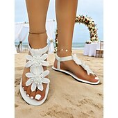 tanie Panna młoda-białe sandały damskie z kwiatowym wzorem i koralikami - eleganckie płaskie buty ślubne na plażowe ceremonie, suknie ślubne &amp;obuwie dla druhen na lato na imprezy plenerowe nad morzem