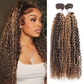 abordables 2 paquetes de cabello humano teje-Paquete de 2 extensiones de cabello humano con reflejos p4/27, mechones de ondas rizadas de 10 a 28 pulgadas