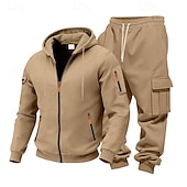 baratos Basic Tracksuits-Men's Hoodie Tracksuit Hoodie &amp; Pants Set Hoodie Daily Outdoor Vacation Daily Wear Drawstring Zip Up Plain Black Navy Blue Khaki Activewear Sports Fashion Fall