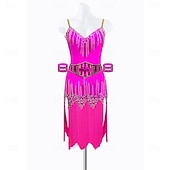 Недорогие платье для соревнований-Женский комплект латиноамериканских танцев, ярко-розового цвета, с бахромой из стразов, лиф с пайетками, пояс с драгоценными камнями &amp;манжеты, асимметричный бальный костюм