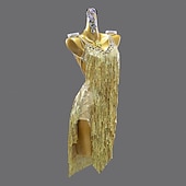 economico abito da competizione-abito da ballo latino con strass e nappe, paillettes, per feste da donna, senza maniche, per salsa, rumba, costumi da ballo