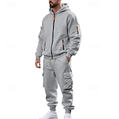 baratos Basic Tracksuits-Men's Hoodie Tracksuit Hoodie &amp; Pants Set Hoodie Daily Outdoor Vacation Daily Wear Drawstring Zip Up Plain Black Navy Blue Khaki Activewear Sports Fashion Fall