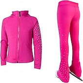 preiswerte Eiskunstlauf Trainingsoutfit-Eiskunstlaufjacke mit Hose, Damen- und Mädchen-Eiskunstlaufbekleidung, schwarz, dehnbar, Trainings- und Wettkampfbekleidung, wärmend, mit Kristall-/Strasssteinen besetzt, langärmlig, Eiskunstlauf