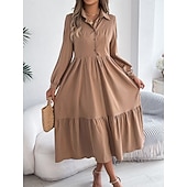 cheap Plain Dress-Women's Midi Dress A Line Dress Casual Daily Regular Fit Plain Long Sleeve Lapel Blue Navy Wine Green Spring