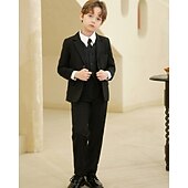 cheap Ring Bearer Suits &amp; Outfits-5 Pieces Ring Bearer Suit Boys' Kids Suit Blazer &amp; Vest &amp; Pants &amp; Shirt &amp; Tie Boy's Formal Suit Casual Outdoor Party Fashion Cool Basic Solid Color Pocket Buttons Black Navy Blue Polyester