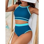 levne Sady bikin-Dámské bikini dvoudílné plavky barevné bloky slipové štíhlé bez zad dovolená plážové oblečení pruhovaný halterneck bez rukávů