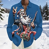 economico Vestito da Babbo Natale-Natale Per uomo Babbo Natale Chitarrista natale divertente Camicia Camicia con Bottoni Manica Lunga Divertente Ferie Primavera Autunno Collo ripiegato Stampa 3D camicie con colletto Una tasca