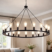 abordables Diseño de vela-candelabro led negro sobre ruedas candelabro de campo rústico redondo grande de 20 luces lámpara industrial para comedor sala de estar cocina isla vestíbulo pasillo