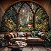 billige landskapsteppe-Fantasislottvindu-teppe med magisk skogsscene, stort eventyrmånemaleri til veggdekorasjon for soverom, sovesal og stue