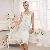 رخيصةأون فساتين عشرينيات القرن العشرين-الهدر 20S عشرينيات طول الركبة فساتين حفلة الزفاف حفل توديع العزوبية بلا أكمام غاتسبي العظيم تشارلستون ضيف حفل الزفاف ترتر مكشكش رقبة سكوب ملابس تنكرية نسائي السنة الجديدة حفلة تنكرية