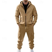 baratos Basic Tracksuits-Men's Hoodie Tracksuit Hoodie &amp; Pants Set Hoodie Daily Outdoor Vacation Daily Wear Drawstring Zip Up Plain Black Navy Blue Khaki Activewear Sports Fashion Fall