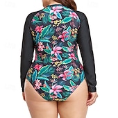 ieftine Rash guards One Piece-Pentru femei Costum de baie One Pieces Protecție anti-erupții cutanate mărime mare Floral Tropical Inchide fermuarul Protecție UV Elastic Manșon Lung Costume de Baie Surfing Plajă Vacanță Vară