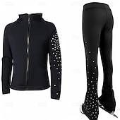 preiswerte Eiskunstlauf Trainingsoutfit-Eiskunstlaufjacke mit Hose, Damen- und Mädchen-Eiskunstlaufbekleidung, schwarz, dehnbar, Trainings- und Wettkampfbekleidung, wärmend, mit Kristall-/Strasssteinen besetzt, langärmlig, Eiskunstlauf