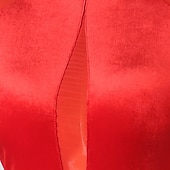 preiswerte Turnierkleid-Rotes Samtkleid für lateinamerikanische Tänze – langärmeliges Bühnenkleid mit Stehkragen aus Netzgewebe und asymmetrischem Fransensaum