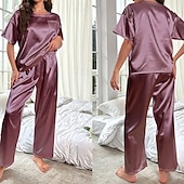 abordables Tops y pantalones de dormir para mujer-Mujer Ropa de salón Conjunto pijama Moda Casual Suave Color puro Retazos Pantalón Hogar Vacaciones Manga Corta Cuello Barco Azul Piscina Negro Vino Morado Caqui Verano Primavera Otoño Ajuste regular