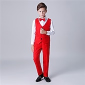 abordables Costumes et Tenues de Porteur d'Anneau-Costume de garçon d'honneur 4 pièces avec gilet &amp; chemise  &amp;Pantalon garçon, costume habillé décontracté, tenue de soirée tendance pour les fêtes en extérieur, basique et élégant, couleur unie bleu,