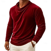 Недорогие основные футболки-Муж. Футболка Длинный рукав Вырез под горло Осень Наступила зима Все сезоны Сплошной цвет Традиционный / винтаж На каждый день Рюши Повседневные Дом на открытом воздухе Винный Черный Белый