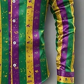 Недорогие Мужская атласная рубашка-Мужская рубашка для карнавала Марди Гра, атласная рубашка с графическим принтом в полоску и маской – классический полосатый фестивальный стиль.