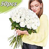 levne Umělé květiny-50 bílých růží - realistické umělé květiny, ideální pro výrobu svatebních kytic, svatebních darů a elegantních květinových dekorací. Ideální pro svatby, Valentýny, výročí, vánoční dekorace.
