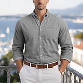 baratos camisa de botão masculina-Homens Camisa Social Camisa casual camisa de botão Azul Marinha Caqui Cinzento Azul Claro Manga Longa Tecido Lapela Casual Diário Bolso frontal Roupa Elegante Moda Casual